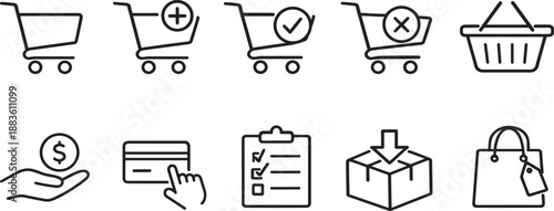 Set of black line icons representing online shopping and delivery process including shopping carts, payment, gift box, checklist, truck, tracking, location pin, and parcel. Minimalist outline icon set