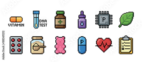 Pixel art icon set of health supplements and medical items including vitamins, pills, DNA test, and protein powder in a retro 8-bit video game style illustration