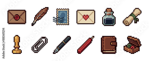 Set of pixel art writing and correspondence icons featuring a quill, inkwell, scroll, and sealed envelope in a charming retro 8-bit video game aesthetic for a nostalgic feel