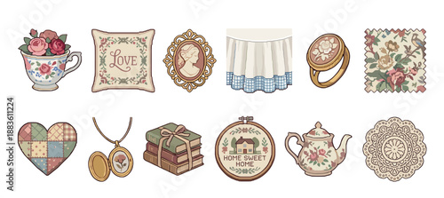 Charming collection of vintage cottagecore illustrations featuring a floral teacup, embroidery hoop, cameo brooch, and patchwork heart in a cozy, nostalgic style for home decor concepts
