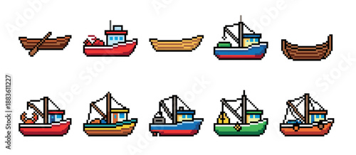 Set of colorful pixel art boats and ships, including fishing trawlers and wooden rowboats, presented in a charming retro 8-bit video game aesthetic as a collection