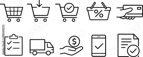 Set of black line icons representing online shopping and delivery process including shopping carts, payment, gift box, checklist, truck, tracking, location pin, and parcel. Minimalist outline icon set
