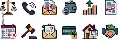 Set of pixel art icons representing law, finance, and real estate concepts like justice, debt, and payment, rendered in a retro 8-bit video game style for business graphics