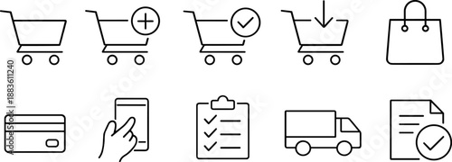 Set of black line icons representing online shopping and delivery process including shopping carts, payment, gift box, checklist, truck, tracking, location pin, and parcel. Minimalist outline icon set