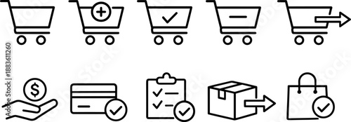 Set of black line icons representing online shopping and delivery process including shopping carts, payment, gift box, checklist, truck, tracking, location pin, and parcel. Minimalist outline icon set