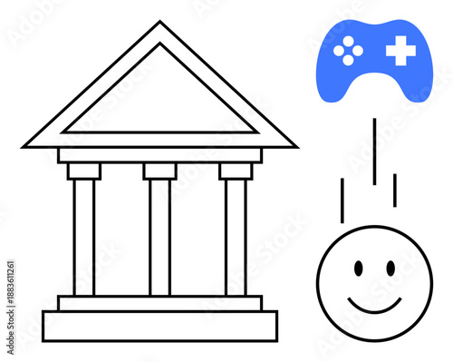 Gamification concept. Gamification is by a classical pillar structure, a game controller, and a smiling face. Gamification in education, productivity, business, motivation, and design