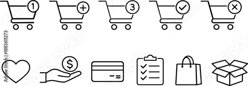 Set of black line icons representing online shopping and delivery process including shopping carts, payment, gift box, checklist, truck, tracking, location pin, and parcel. Minimalist outline icon set
