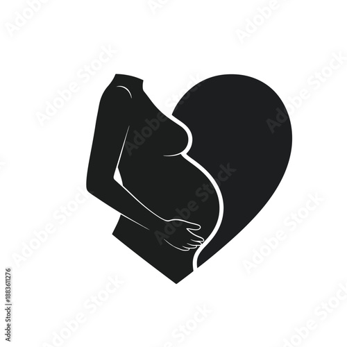Pregnant woman silhouette embracing her belly, symbolizing maternal love and new life in a vector illustration.