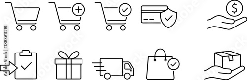 Set of black line icons representing online shopping and delivery process including shopping carts, payment, gift box, checklist, truck, tracking, location pin, and parcel. Minimalist outline icon set