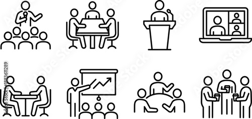 Set of Business Meeting and Conference Line Icons for Corporate Communication.