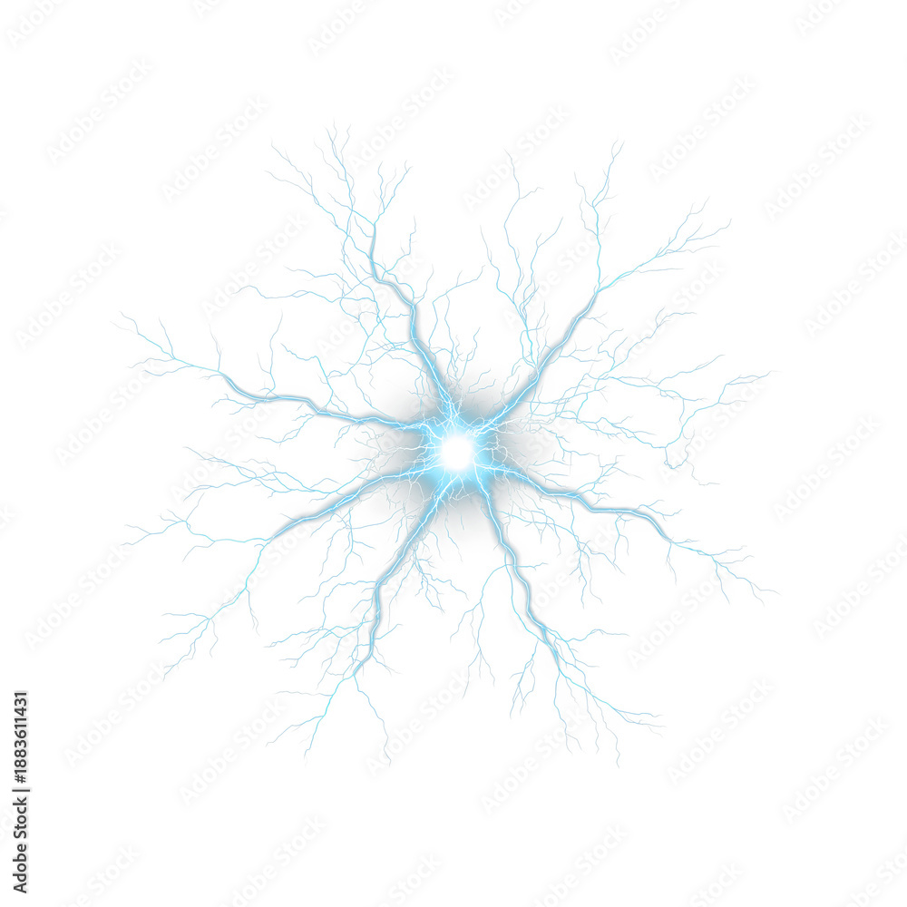 Obraz premium Blue electric burst flare, cyan lightning discharge with radial branches and glowing core on transparent background