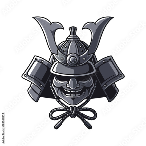 Classic Japanese Samurai Warrior Helmet and Mask Vector, Emblem of Ancient East Asian Culture.