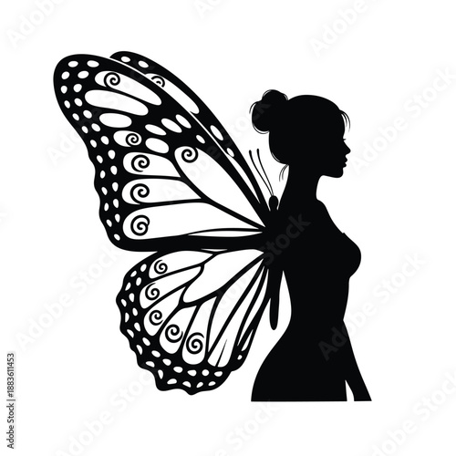 Graceful ethereal silhouette of a woman with intricate monarch butterfly wings in profile