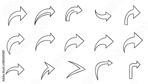 Set of hand drawn curved arrows in various styles and directions
