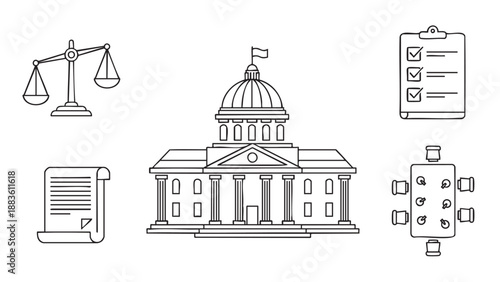 Set of legal and government building icons isolated on transparent background