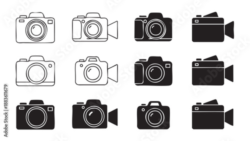 Set of modern camera icons with video recording symbols isolated