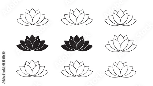 Set of nine hand drawn water lily flowers in different styles and shapes