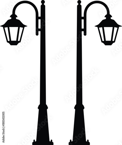 Minimal vector silhouette, classic street lamp with curved arm and hanging lantern, solid black, isolated on white.
