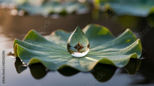 Stunning macro view of a buddhist temple perfectly reflected in a single water droplet on a lotus leaf. Represents spirituality and perspective
