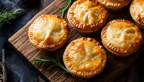 Close-up top view of a traditional Australian meat mini pie on a wooden board with a rustic style, set on a table background with copy space