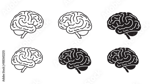 Six different styles of human brain illustrations in outline and fill