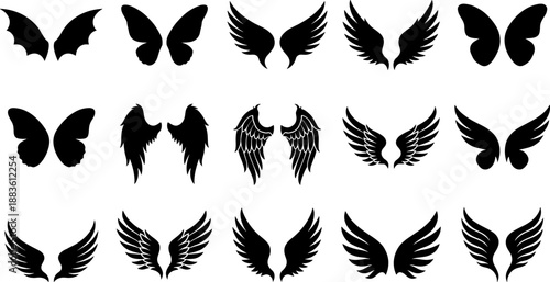 Diverse collection of black wing silhouettes including angel, demon, and butterfly styles.