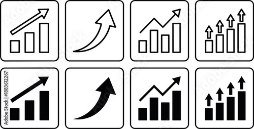 Set of growth chart and upward arrow icons for business success.