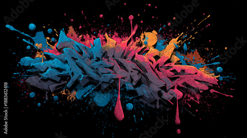 Colorful paint splashes on black.
