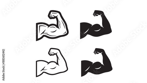 Vector illustration of strong arm flexing bicep muscle in four angles