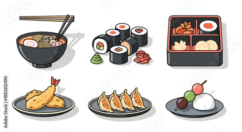Assorted Japanese Cuisine Dishes and Sushi.