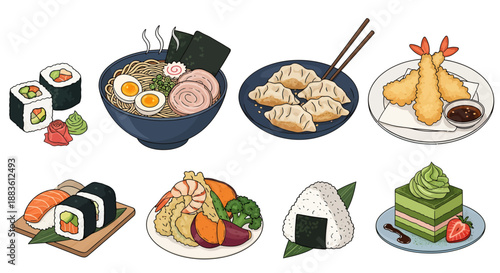 Assorted Japanese Cuisine and Desserts Display.