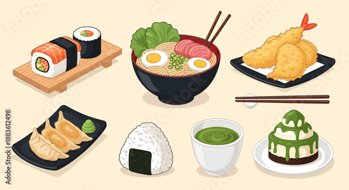 Assorted Japanese Dishes and Desserts on Plates.