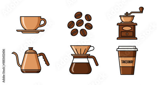 Coffee Icons Including Cup and Beans.