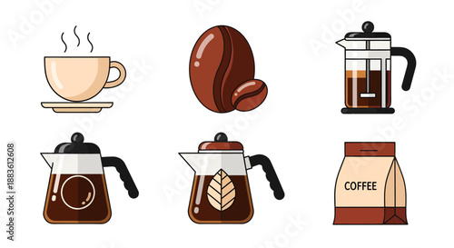 Coffee Icons Featuring Cups and Beans.