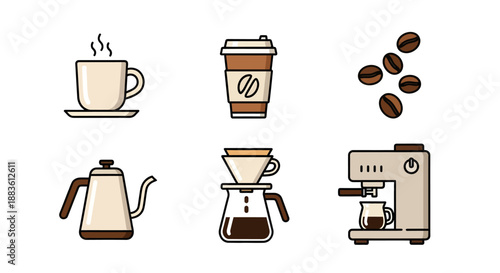 Coffee Icons Set with Accessories and Beans.