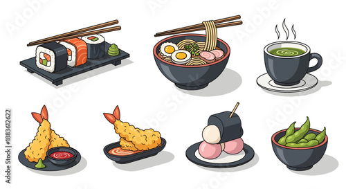 Japanese Cuisine Dishes and Beverages Illustrated.