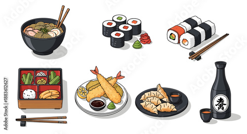 Japanese Cuisine Sushi and Sake Illustration.