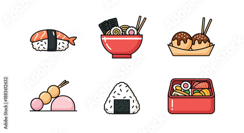 Japanese Food Icons Sushi Ramen Dumplings Illustration.