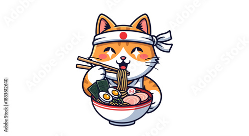 Shiba Inu Cat Eating Ramen Noodles Cartoon.
