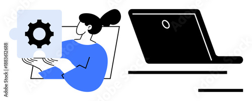 Innovation, problem solving, technology management, software development, collaboration, data analysis. A person holding a piece with a gear symbol, a laptop nearby. Innovation and problem solving