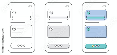 Mobile App UI Wireframe Screens with Card Layout Interface User Profile Dashboard and Notification Components Minimal Vector Illustration for SaaS Fintech and Startup Applications