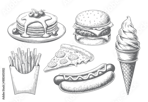 Vintage fast food illustration in detailed ink engraving.
