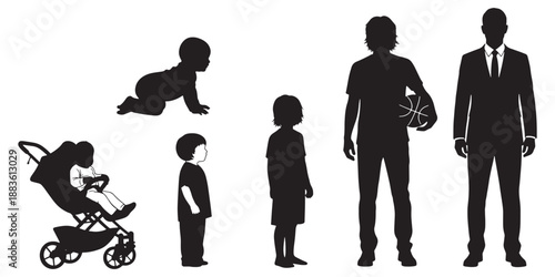 Black silhouettes of human life stages from baby to adult, set of people in different ages including infant in stroller, crawling baby, toddler, young boy with basketball, and businessman in suit.