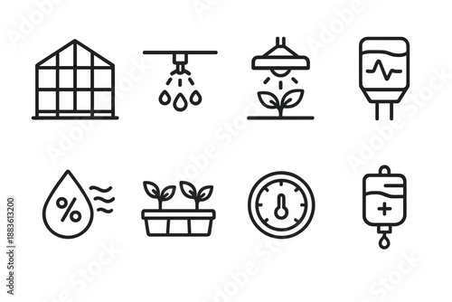 Greenhouse Icon Set. Agricultural Controlled Environment set in outline vector style: greenhouse frame, irrigation system, grow lights, soil sensor, humidity