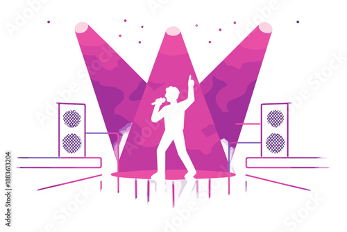 Neon Concert Vibes. Midnight Performance vector set in modern flat style : glowing stage lights, performer silhouette, ambient smoke, neon accent lines, floor