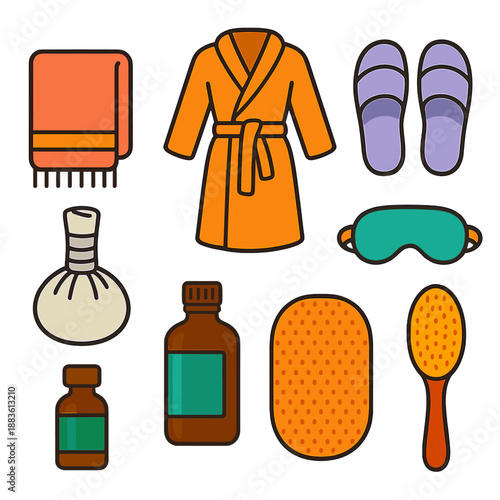 Spa Essentials Icons. Natural Heat Spa Essentials vector set in modern flat style : towel, bathrobe, slippers, eye mask, herbal compress, bath mat, essential oil bottle, bath brush