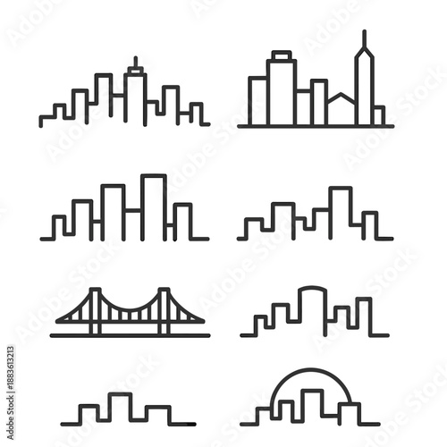 City Silhouette Icons. Skyline Forms set in outline vector style: city silhouette, high-rise cluster, rooftop line, tower outline, bridge span, distant horizon, skyline arc, sunset glow