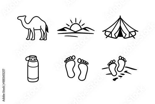 Nomadic Life Icons. Nomadsset in outline vector style Camel, Horizon, Sun, Tent, Water Bottle, Footprint