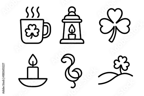 St. Patrick's Icons. St. Patrick’s Day Celebration Mood cozy set in outline vector style: warm mug, lantern glow, soft clover, gentle flame, curled ribbon, evening hill