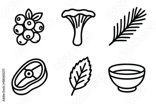 Nordic Culinary Icons. Nordic Flavors forest set in outline vector style: wild berry cluster, chanterelle mushroom, pine branch, game meat cut, herb leaf, wooden bowl